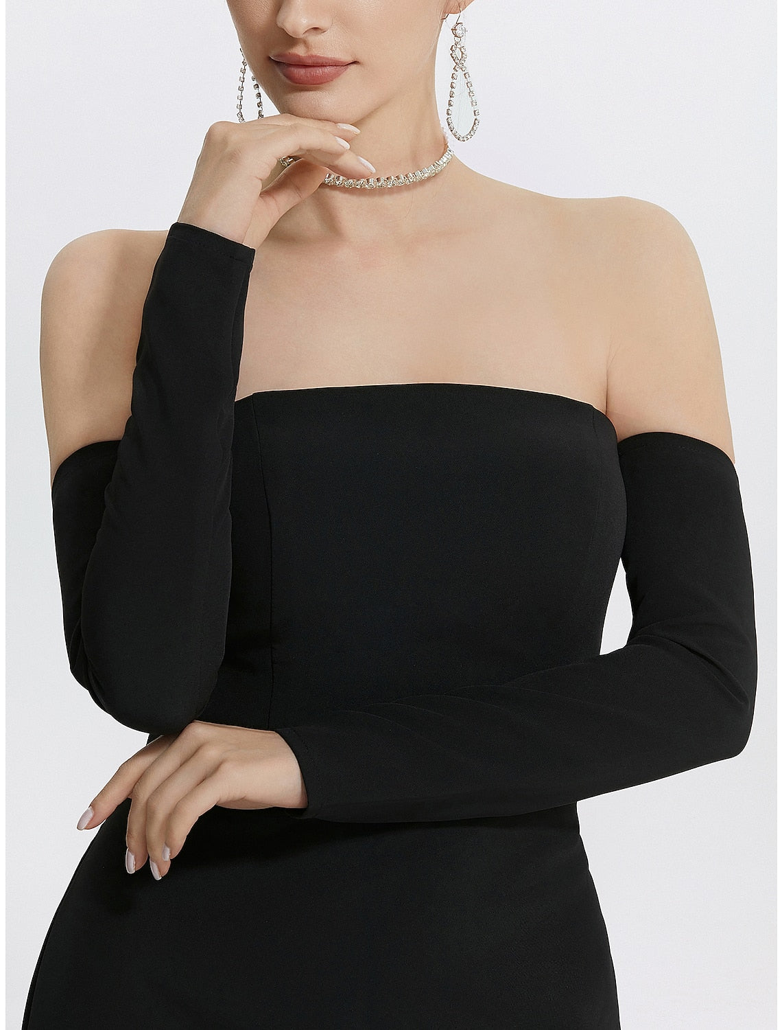 Mermaid Evening Gown Black Dress With Gloves Formal Wedding Guest Floor Length Long Sleeve Strapless  Fabric with Slit