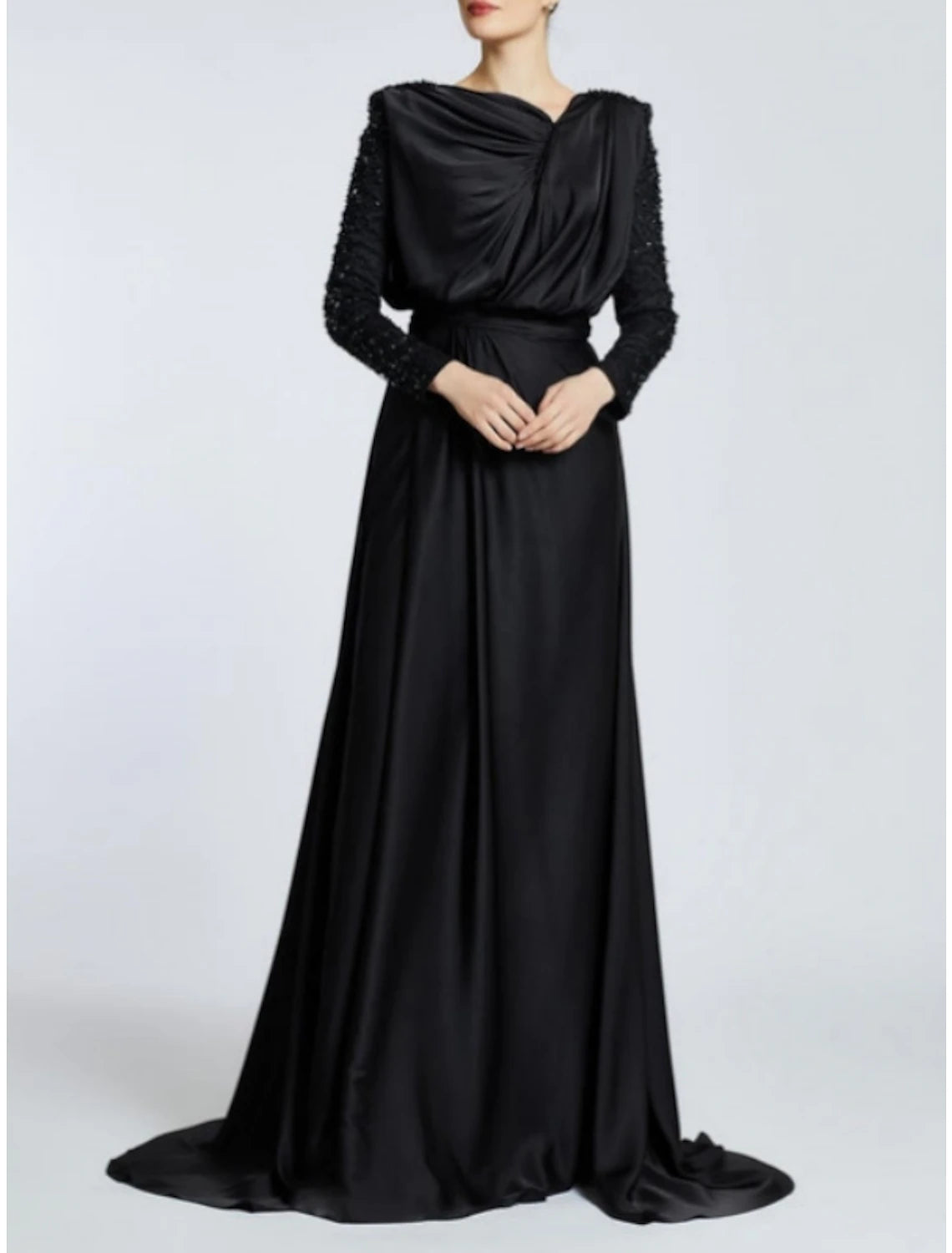 Vestido de noche negro de corte A, vestido elegante de talla grande, vestido formal con cola larga, cuello joya, satén con pliegues y lentejuelas