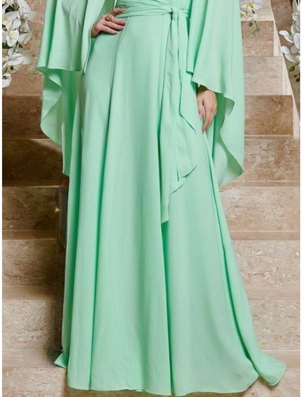 Mint Green Chiffon A-Line Floor-Length Dress with V-Neck and Cold-Shoulder Cape Sleeves