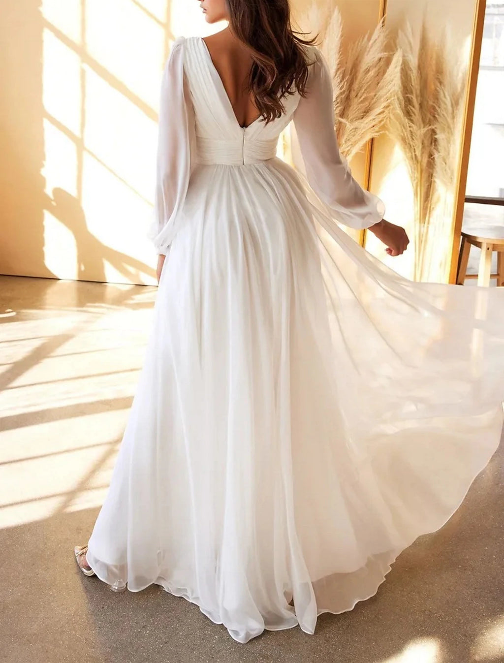White Chiffon A-Line Floor-Length Dress with Plunging V-Neck, Bishop Sleeves & High Slit