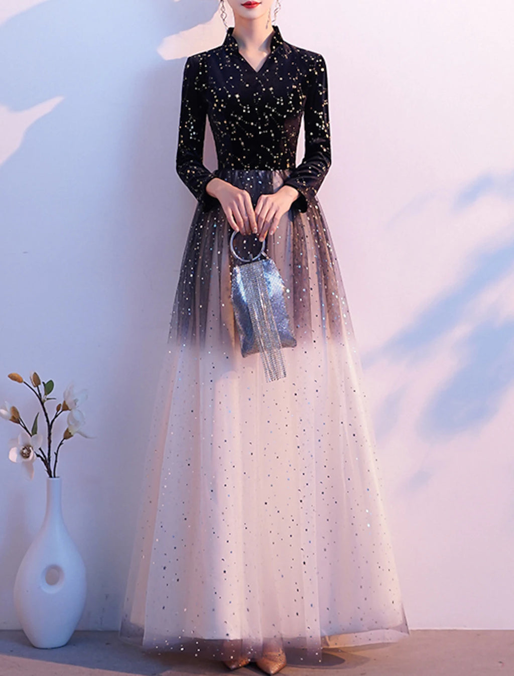 Vestido de noche formal elegante con corte en A y brillantes, estilo reina Ana, manga larga, largo hasta el suelo, de tul con lentejuelas, 2025