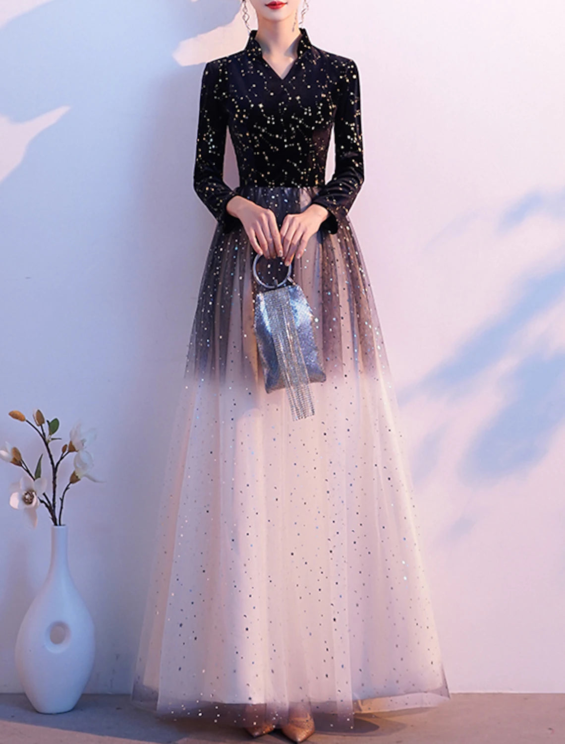 Vestido de noche formal elegante con corte en A y brillantes, estilo reina Ana, manga larga, largo hasta el suelo, de tul con lentejuelas, 2025