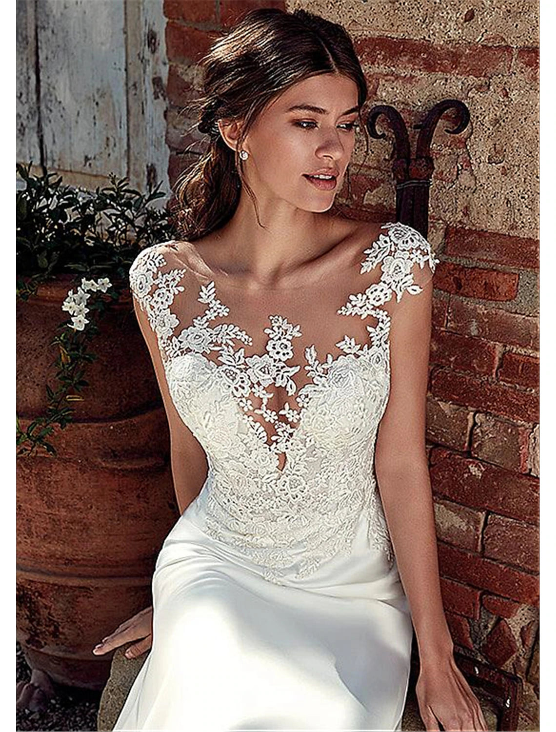 Ivory Satin Floor-Length Bridesmaid Dress with Lace Illusion Neck