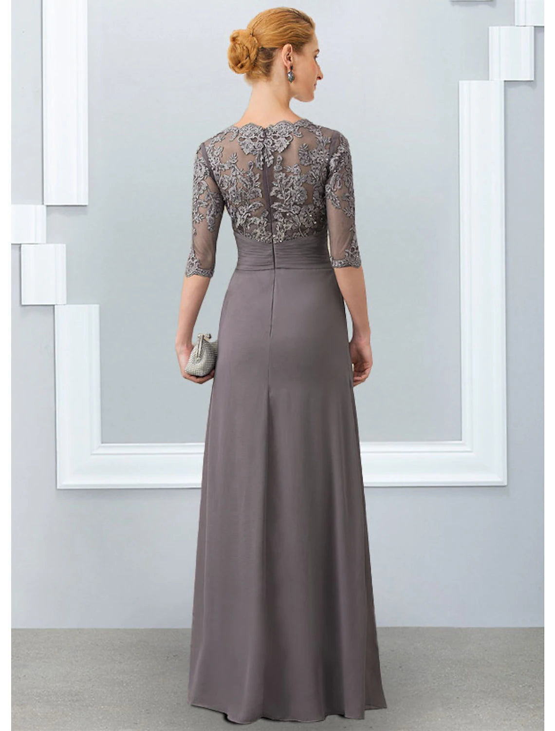 Grey Lace Chiffon A-Line Floor-Length Evening Dress with Lace Bodice and Ruched Waist