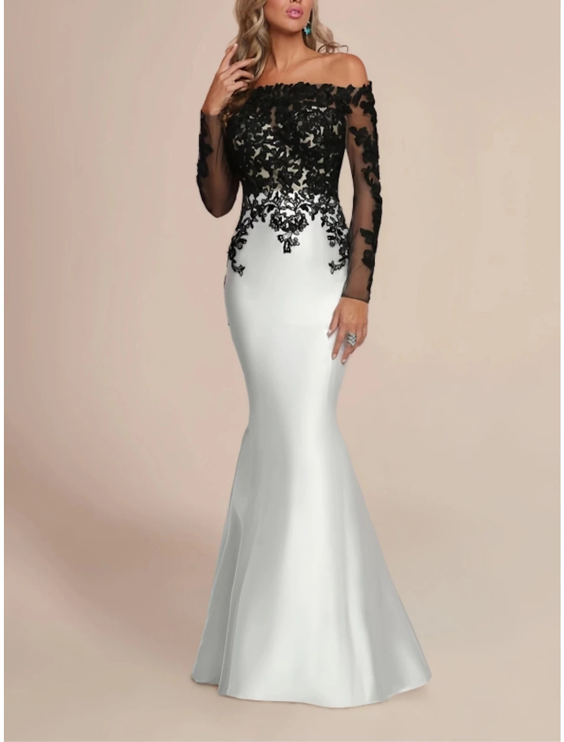 Vestido de noche elegante de sirena/trompeta, vestido formal para invitada de boda, largo hasta el suelo, manga larga, hombros descubiertos, satén con pliegues y apliques