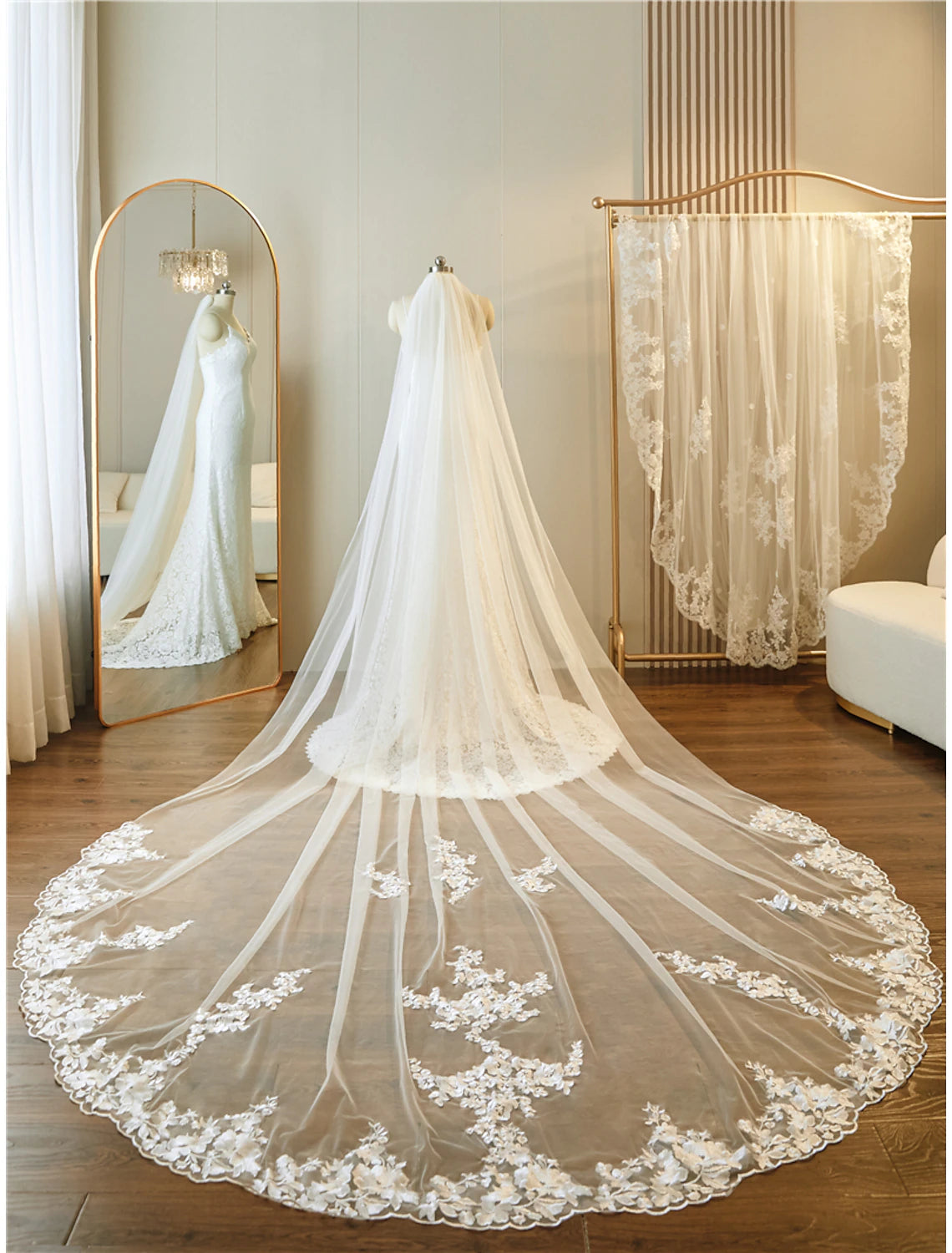 Ivory Lace Sheath/column Gown with Sweetheart Neckline & Embroidered Veil