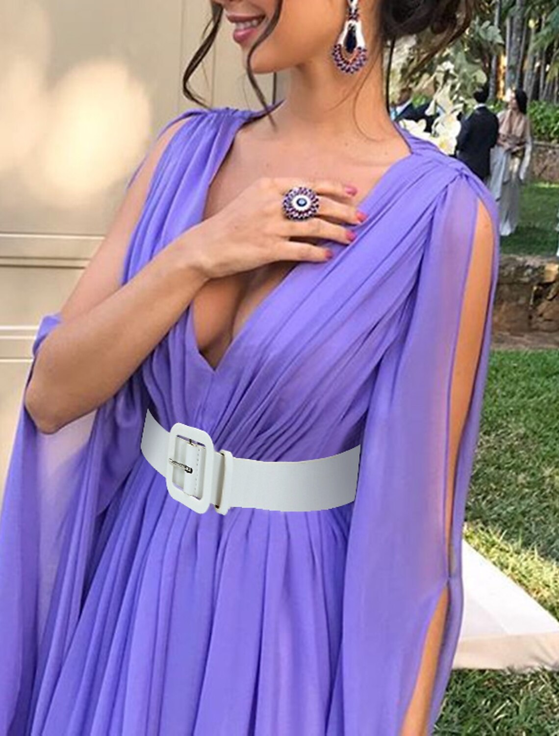 Lilac Chiffon A-Line Floor-Length Bridesmaid Dress with Draped Bodice and Cape Sleeves