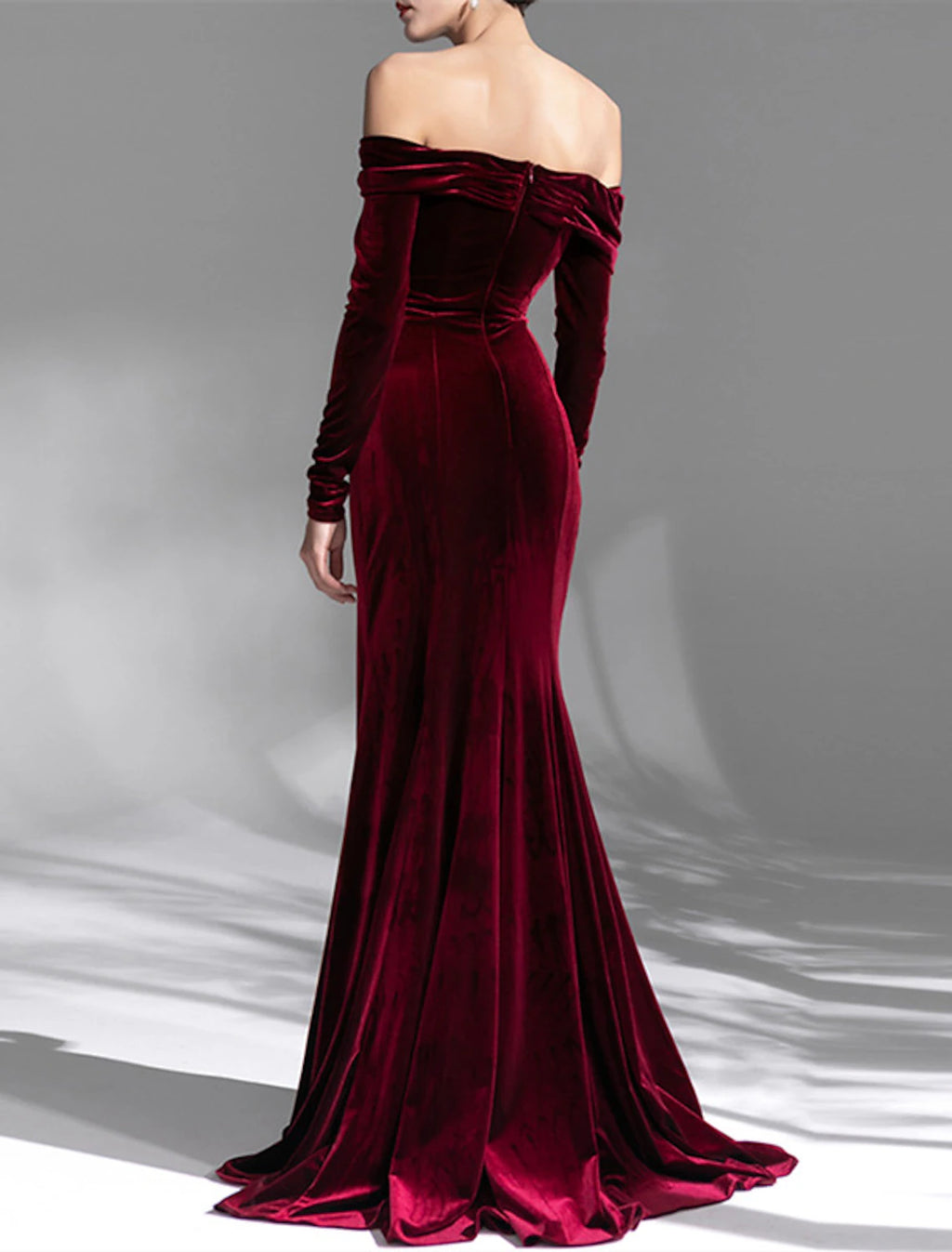 Burgundy Velvet Off-the-Shoulder Sheath Floor-Length Gown