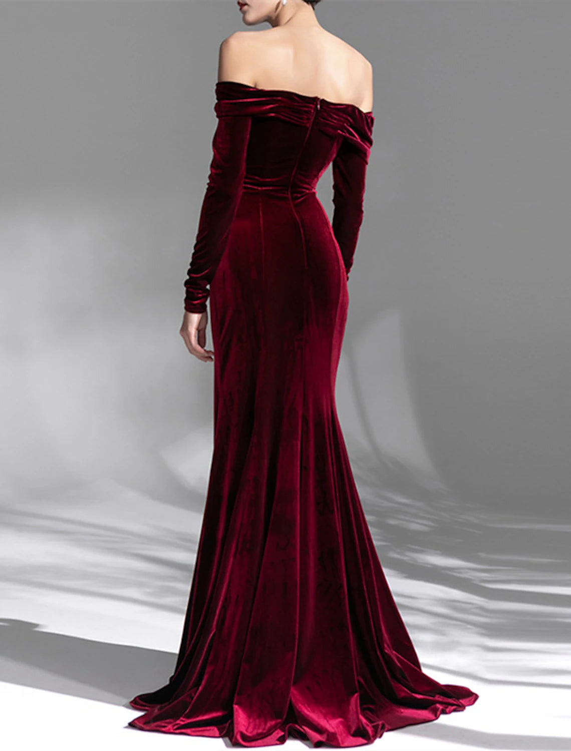 Burgundy Velvet Off-the-Shoulder Sheath Floor-Length Gown