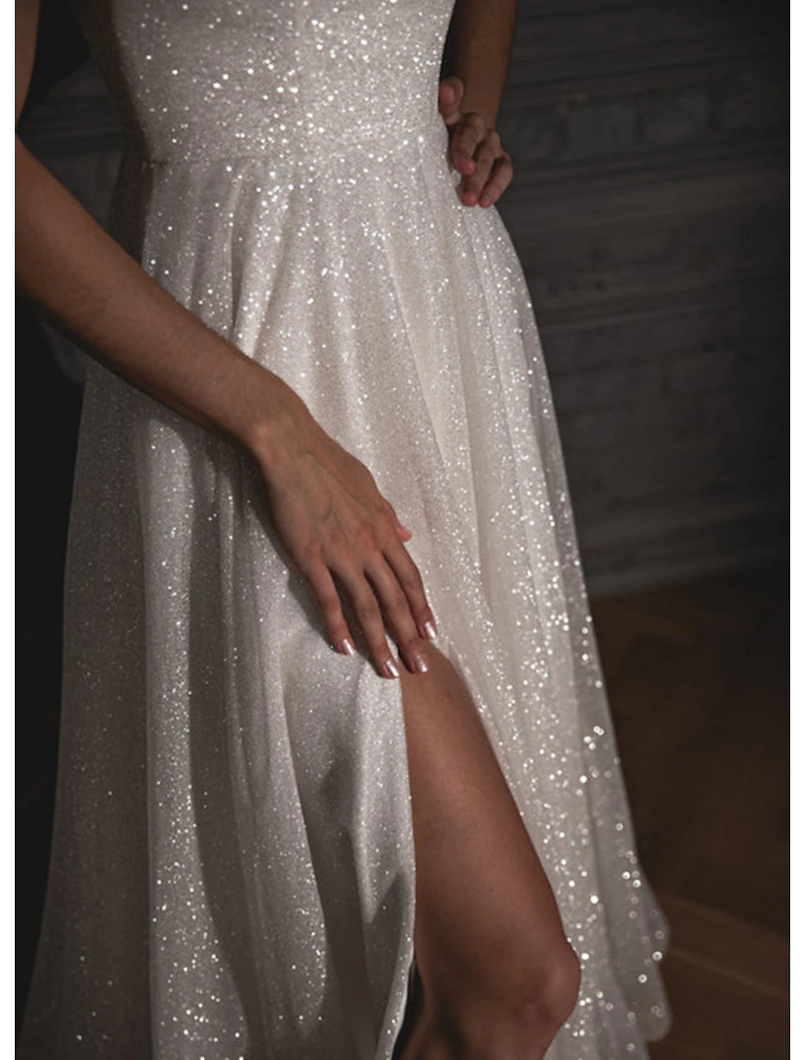 A-Line Prom Dresses Glittering Dress Wedding Guest Wedding Party Sweep / Brush Train Sleeveless Spaghetti Strap Fall Wedding Reception Tulle with Sequin Slit 2025