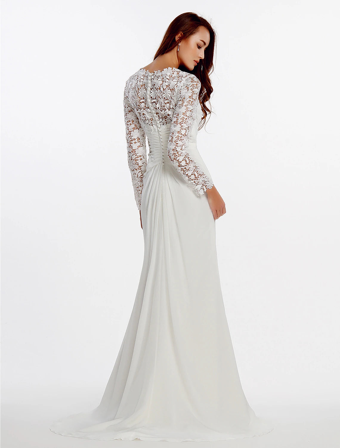 Vestidos de novia bohemios de playa, corte tubo, escote en V, manga larga, cola larga, de gasa con botones de encaje