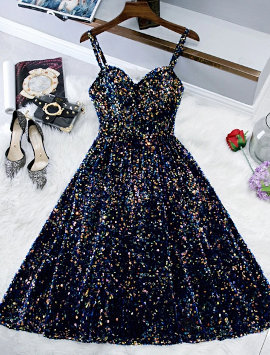 Blue Sequin A-Line Tea-Length Evening Dress with Sweetheart Neckline & Back Zip