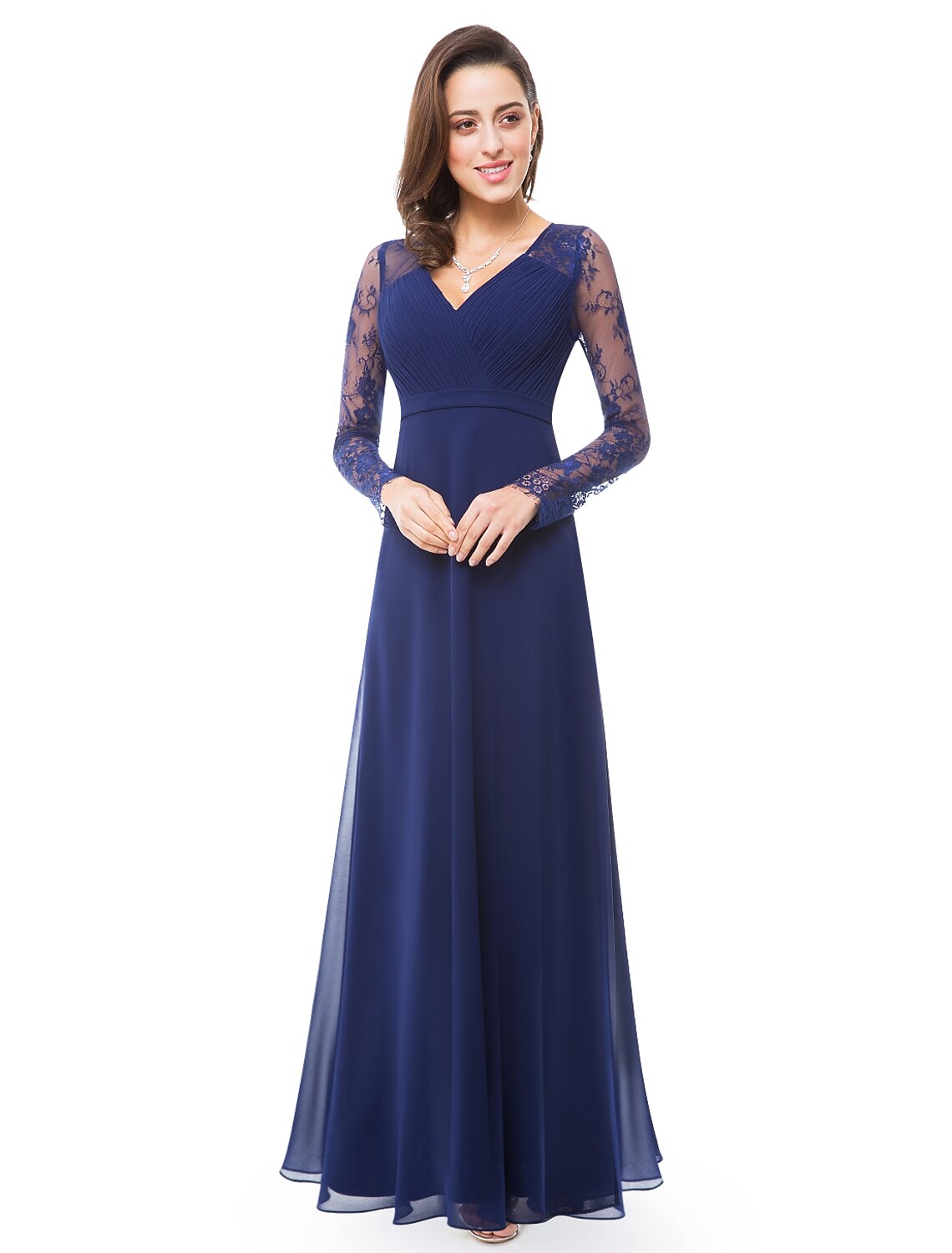 Forest Green Chiffon A-Line Floor-Length Bridesmaid Dress with Pleated Bodice & Lace Sleeves