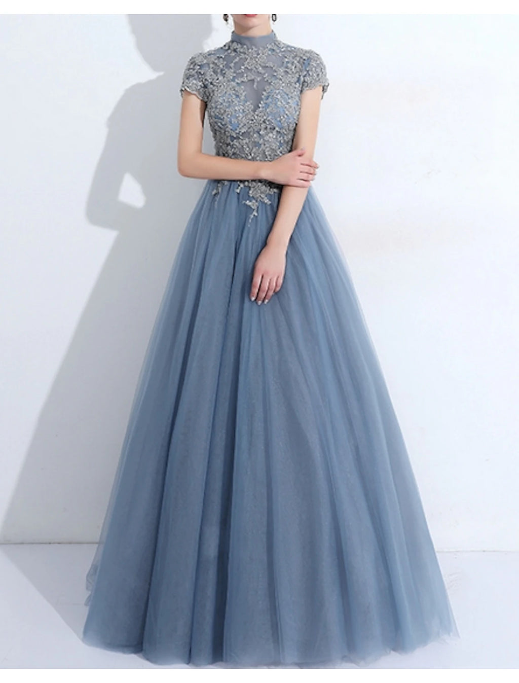 Dusty Blue Tulle A-Line Floor-Length Evening Dress