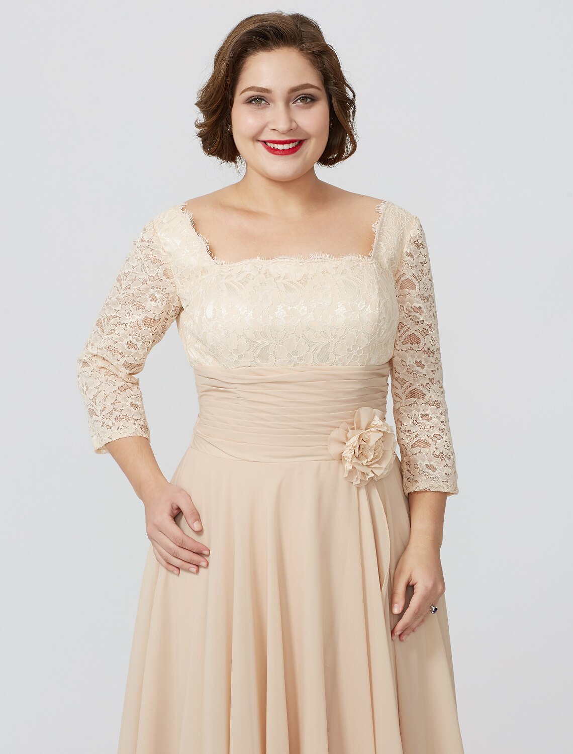 Vestido de madre de la novia con corte tubo/columna, formal, clásico y atemporal, elegante y lujoso, talla grande, escote cuadrado, largo hasta el suelo, gasa, encaje metálico, manga 3/4, sin mangas, con faja/cinta y flores