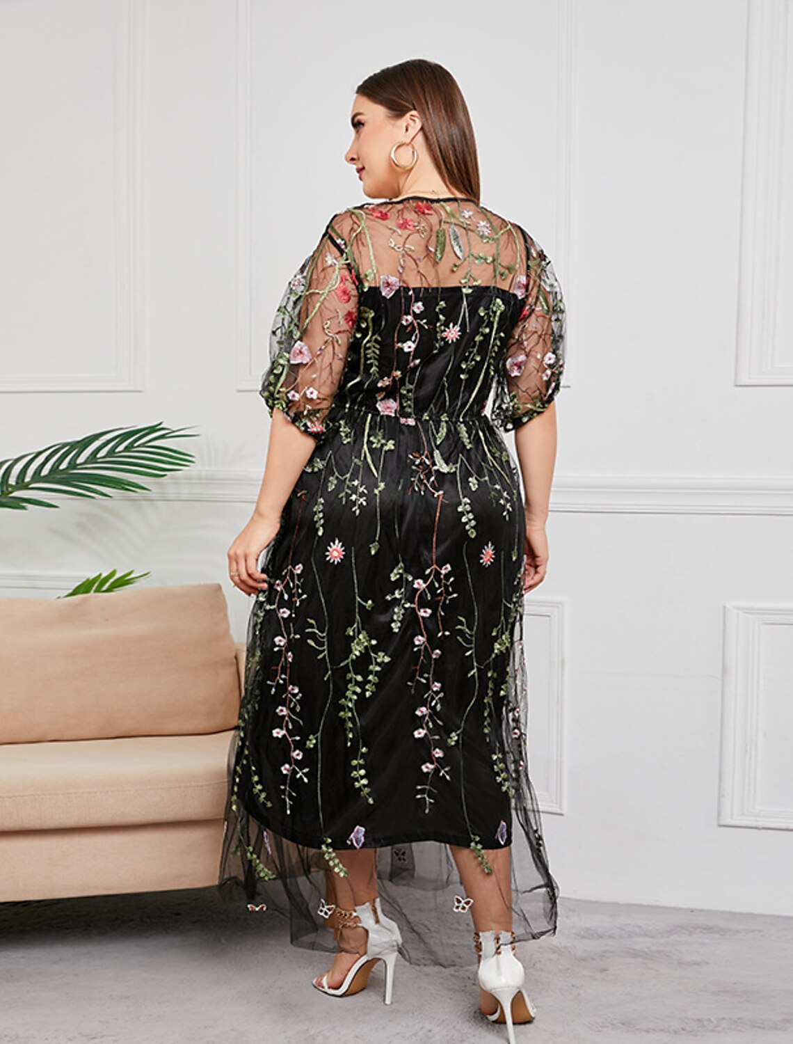 Mother of the Bride Dresses Plus Size Curve Hide Belly Party Plus Size Hide Belly Scoop Neck Ankle Length Tulle Half Sleeve with Embroidery Ruching
