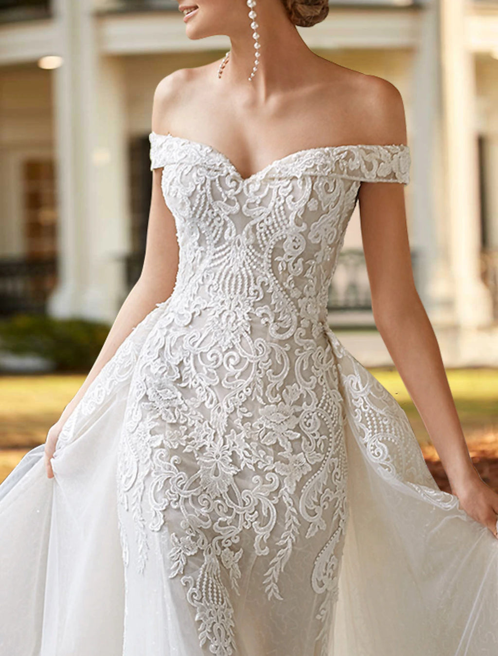 Ivory Lace Mermaid Off-the-Shoulder Floor-Length Dress with Detachable Overskirt