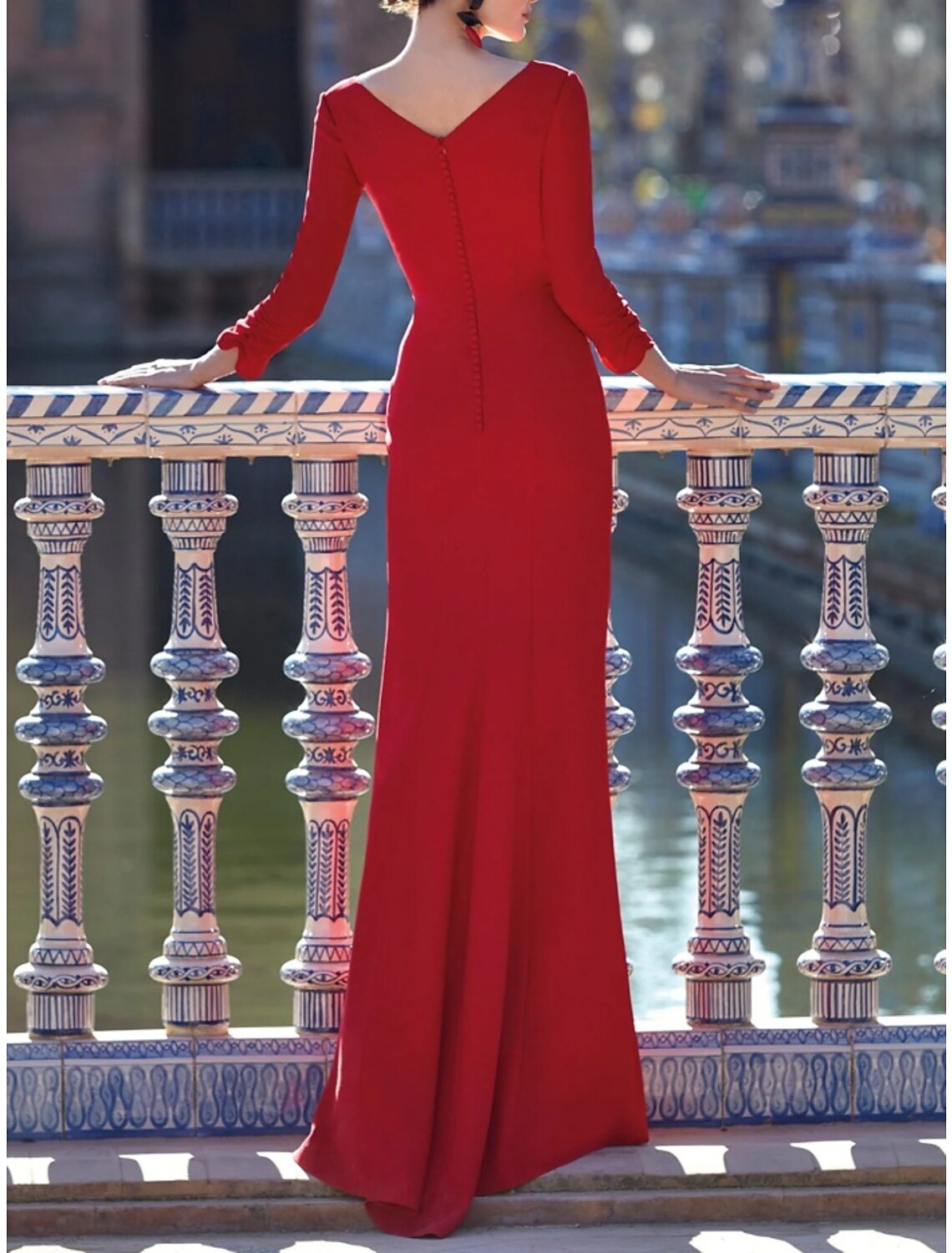 Sheath / Column Evening Gown Elegant Dress Formal Floor Length Christmas Red Green Dress 3/4 Length Sleeve V Neck  Chiffon with Pleats Ruched Slit