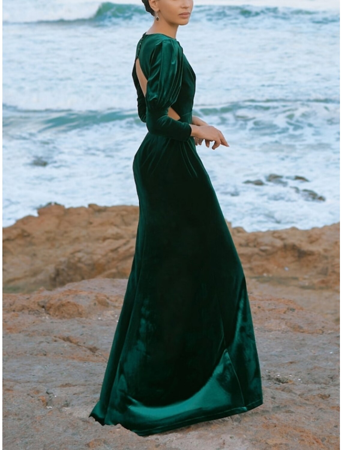 A-Line Evening Gown Backless Dress Formal Fall Floor Length Long Sleeve Jewel Neck Velvet with Ruched