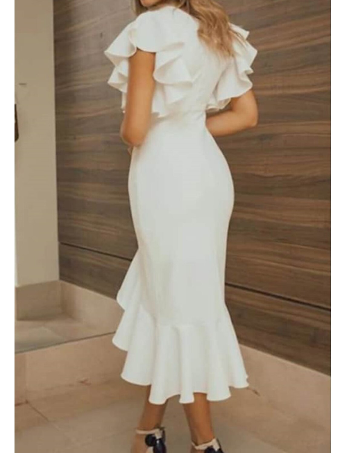 Mermaid / Trumpet Wedding Guest Dresses Elegant Dress Wedding Party Semi Formal Asymmetrical Short Sleeve V Neck Polyester with Ruffles Pure Color 2025