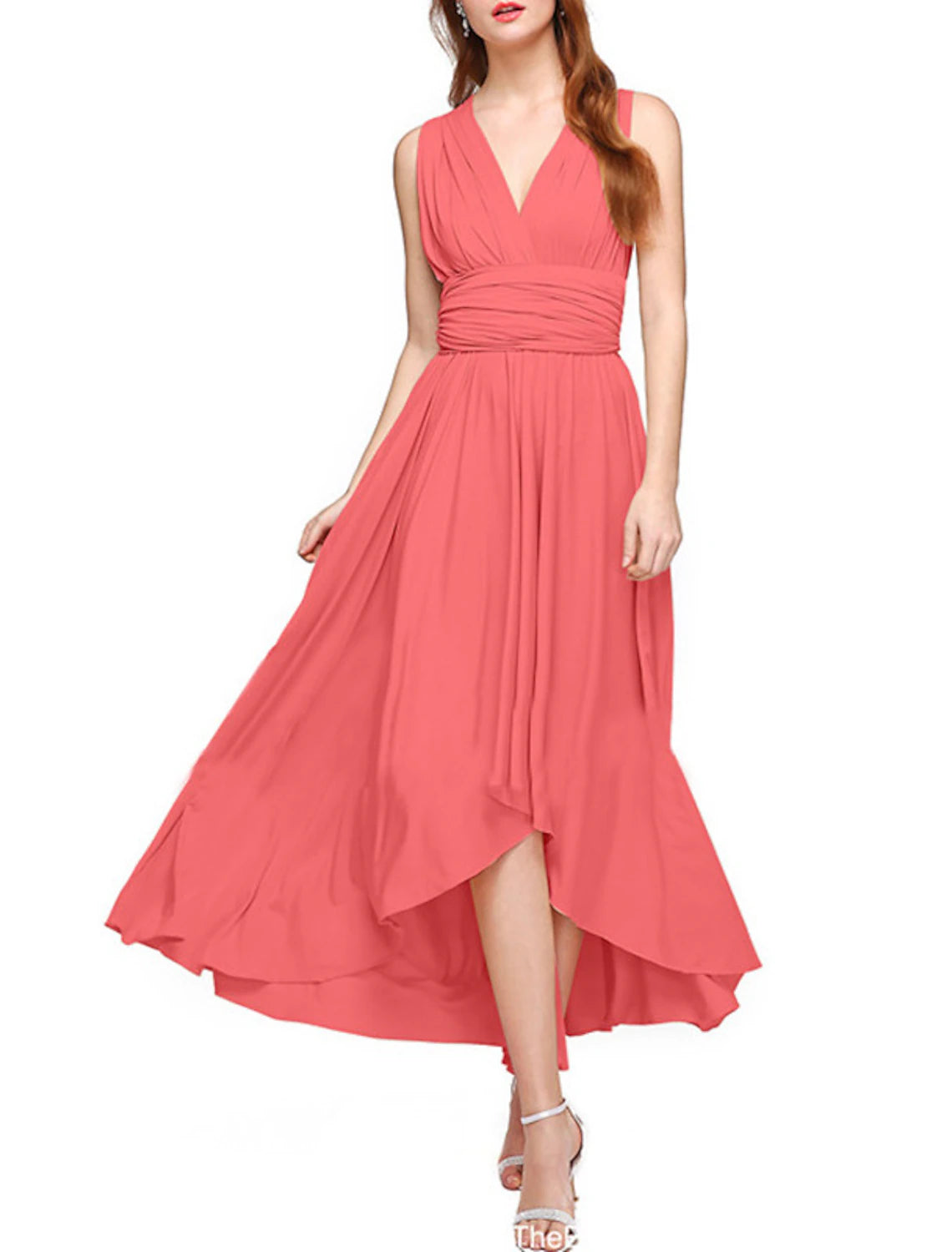 Champagne Chiffon A-Line High-Low Bridesmaid Dress with V-Neck and Ruched Bodice