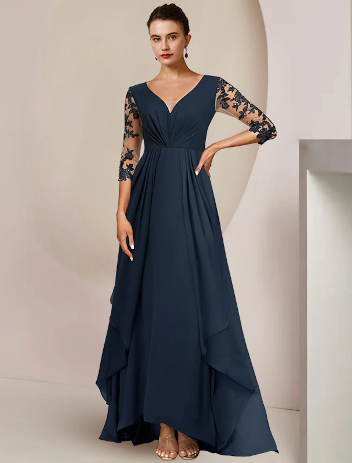 Dark Navy Chiffon A-Line Bridesmaid Dress with Lace Illusion Sleeves