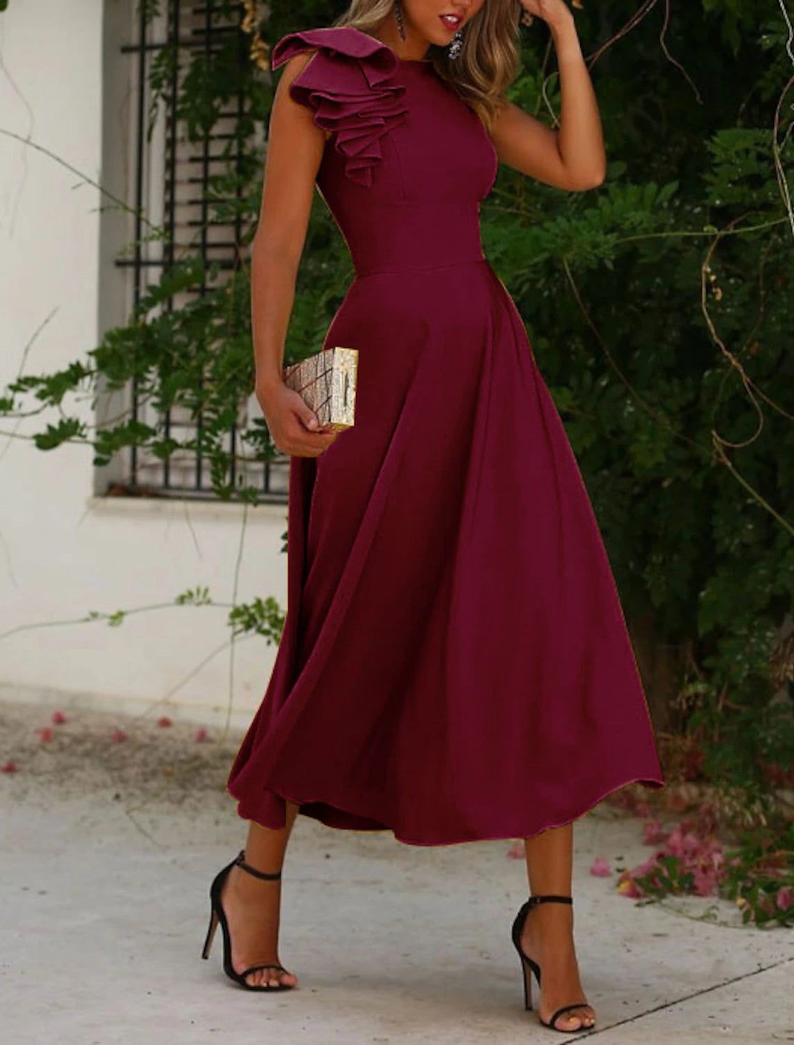 Vestidos de cóctel de corte A, elegantes, para invitadas de boda, para regreso a casa, hasta los tobillos, sin mangas, con cuello joya, para invitadas de boda de otoño, tela con volantes, color puro