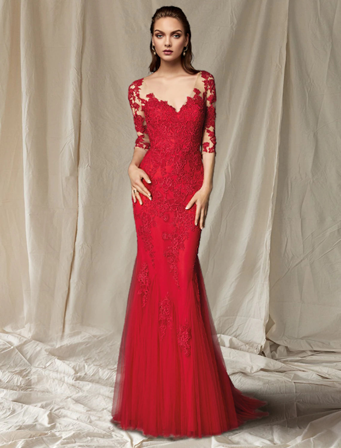 Vestido de sirena/trompeta para madre de la novia, lujoso y elegante, escote en V, cola larga/cortada, encaje, tul, media manga con pliegues y apliques