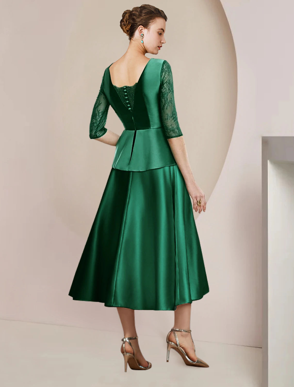 Emerald Satin A-Line Tea-Length Dress with Lace Sleeves and Peplum Waist