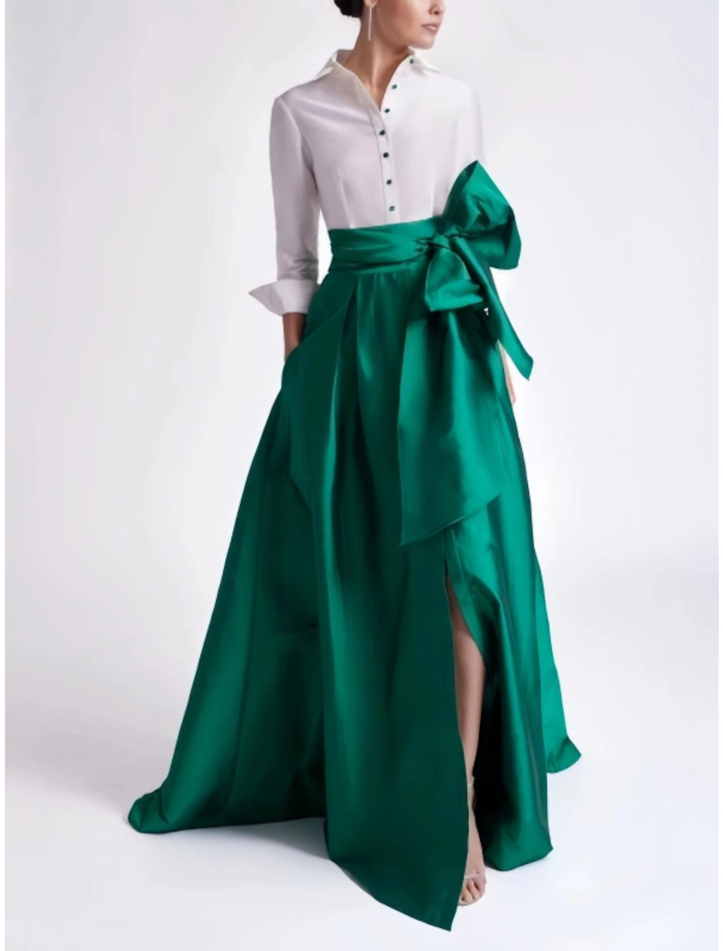 Vestido de noche elegante de corte A en rojo y verde, vestido formal para invitados de boda, cola larga, mangas 3/4, cuello camisero, satén con lazo(s), abertura