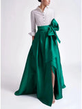 Vestido de noche elegante de corte A en rojo y verde, vestido formal para invitados de boda, cola larga, mangas 3/4, cuello camisero, satén con lazo(s), abertura