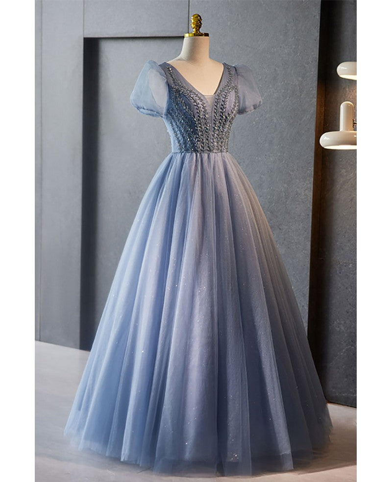 Hermoso y único vestido de noche azul cielo con mangas cortas, esponjoso, con cuentas de diamantes de imitación y escote en V princesa en forma de A azul cielo, tirantes sin espalda y largo hasta el suelo.