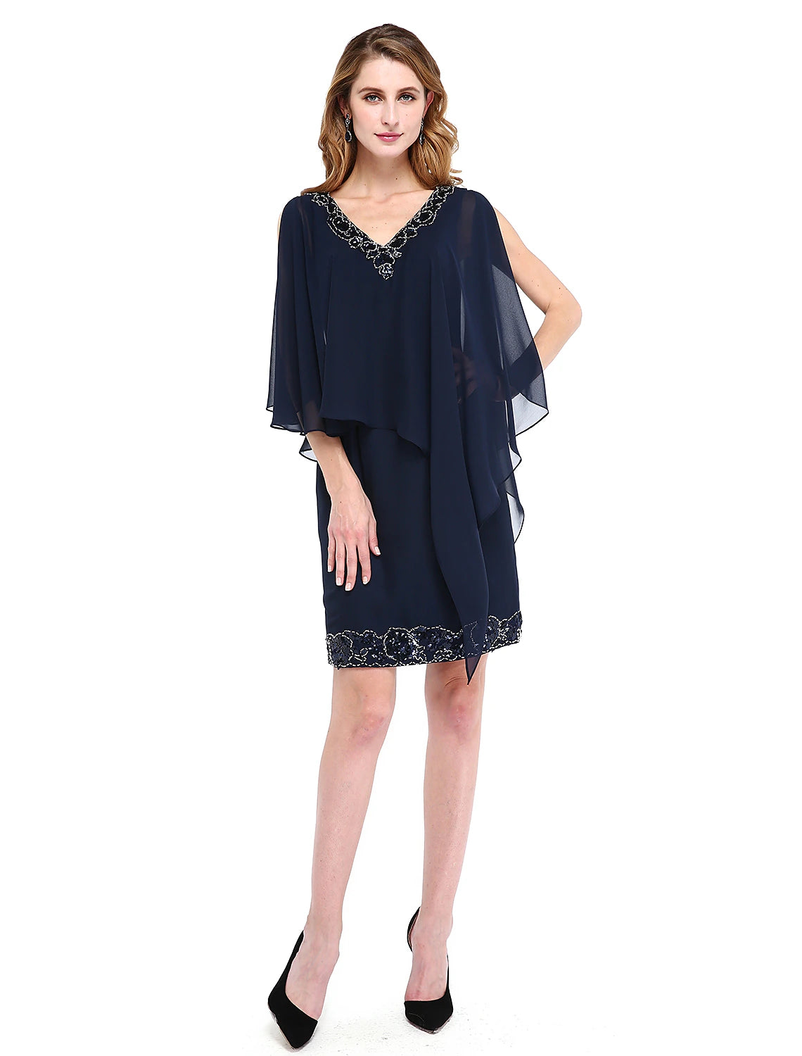 Abito da madre della sposa a tubino, con scollo a V, lunghezza al ginocchio, in chiffon, senza maniche, con perline e paillettes