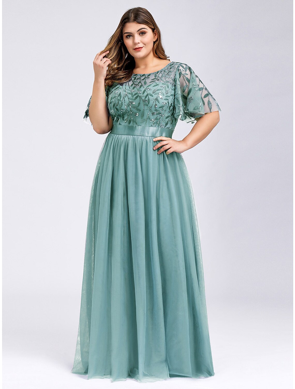 Vestidos de fiesta de corte A, estilo imperio, para invitadas de boda, para graduación, largo hasta el suelo, manga corta, cuello joya, vestido de dama de honor de tul con apliques de lentejuelas