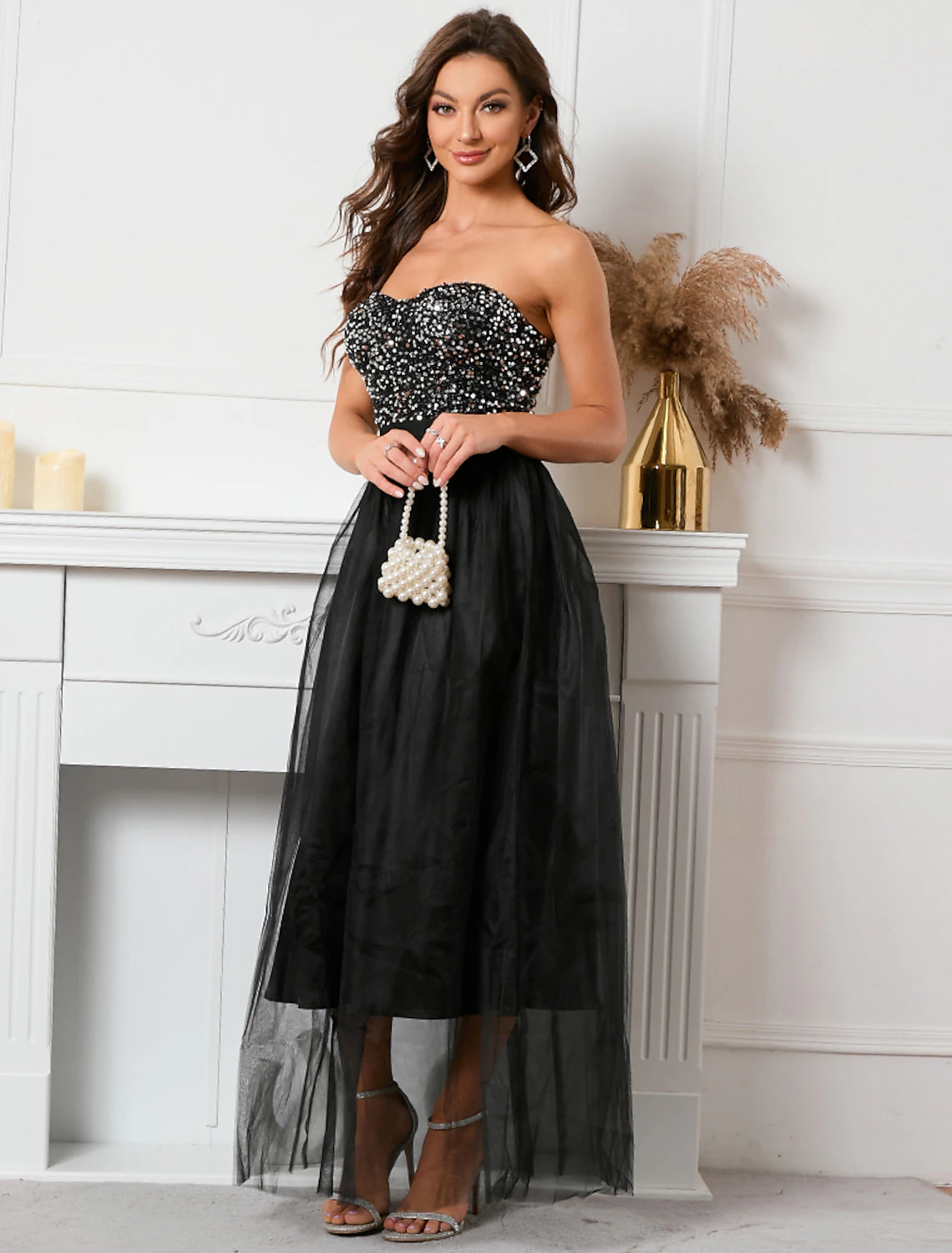 Black Sequin Sweetheart A-Line Ankle-Length Evening Dress with Tulle Skirt