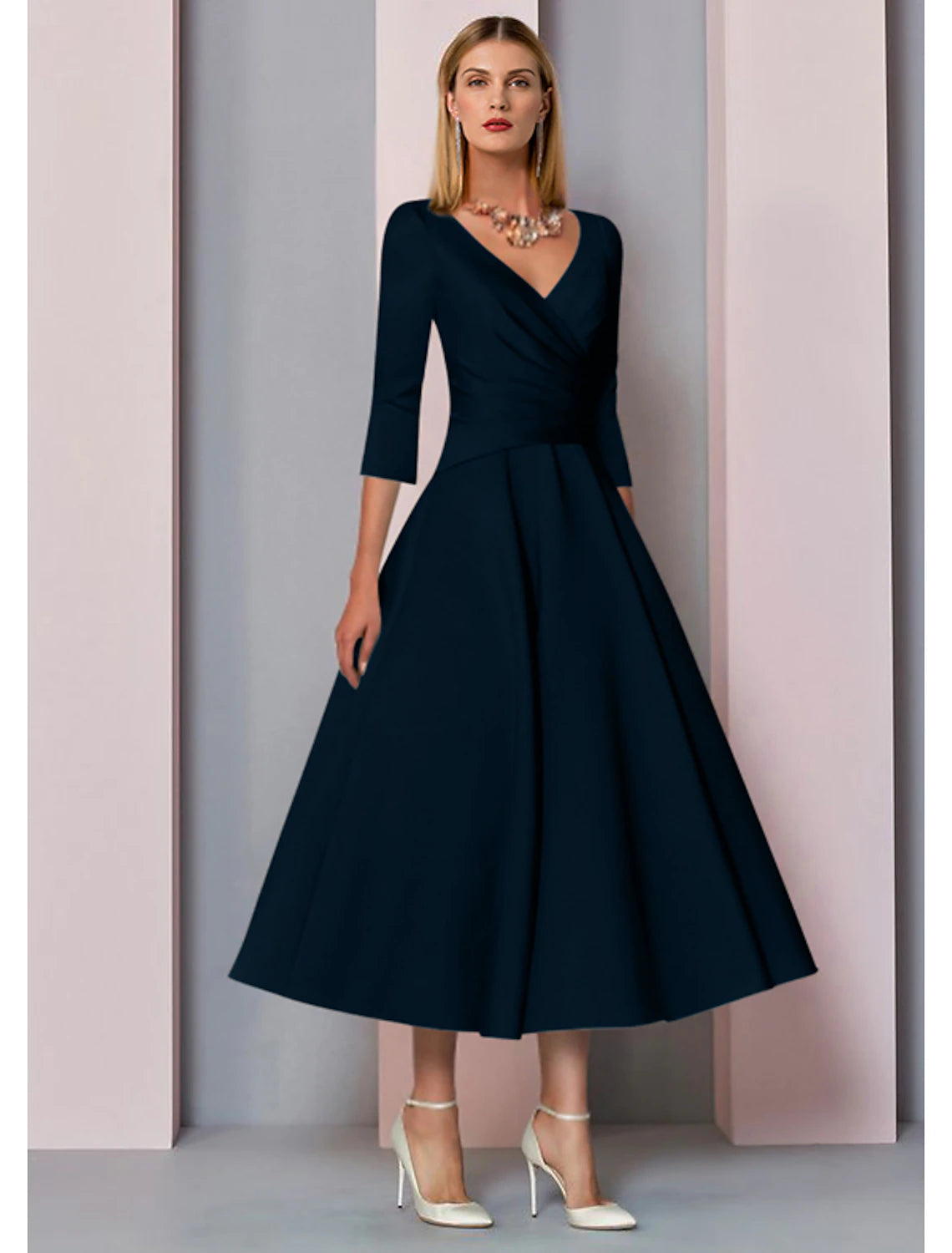 Champagne Satin A-Line Tea-Length Dress with V-Neck and Draped Bodice