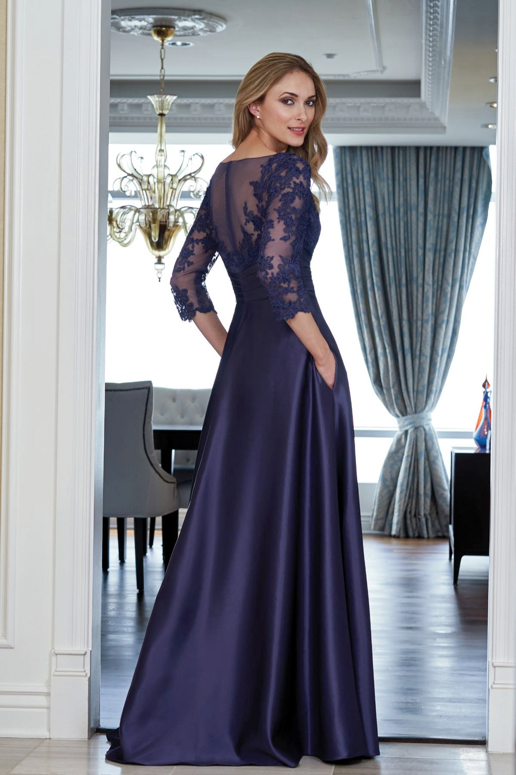 Dark Navy Satin A-Line Floor-Length with Lace Bodice + Draped Waist & Boat Neck - Jimiss