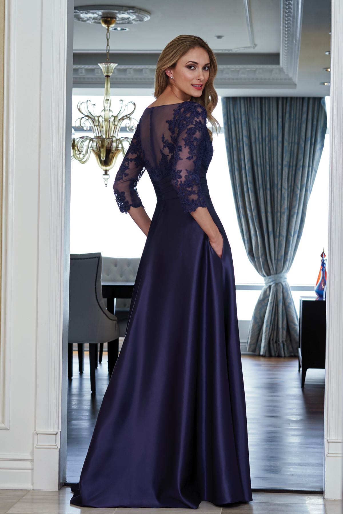 Dark Navy Satin A-Line Floor-Length with Lace Bodice + Draped Waist & Boat Neck - Jimiss