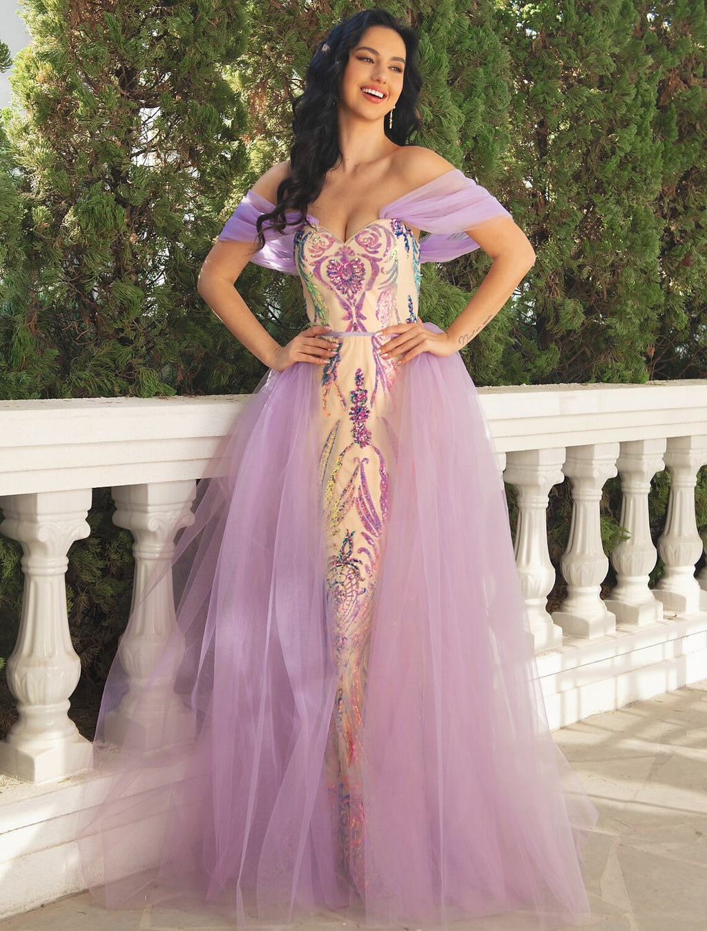 Lavender Sequin Tulle A-Line Sweetheart Floor-Length Dress with Sequin Embellished Bodice and Tulle Overskirt