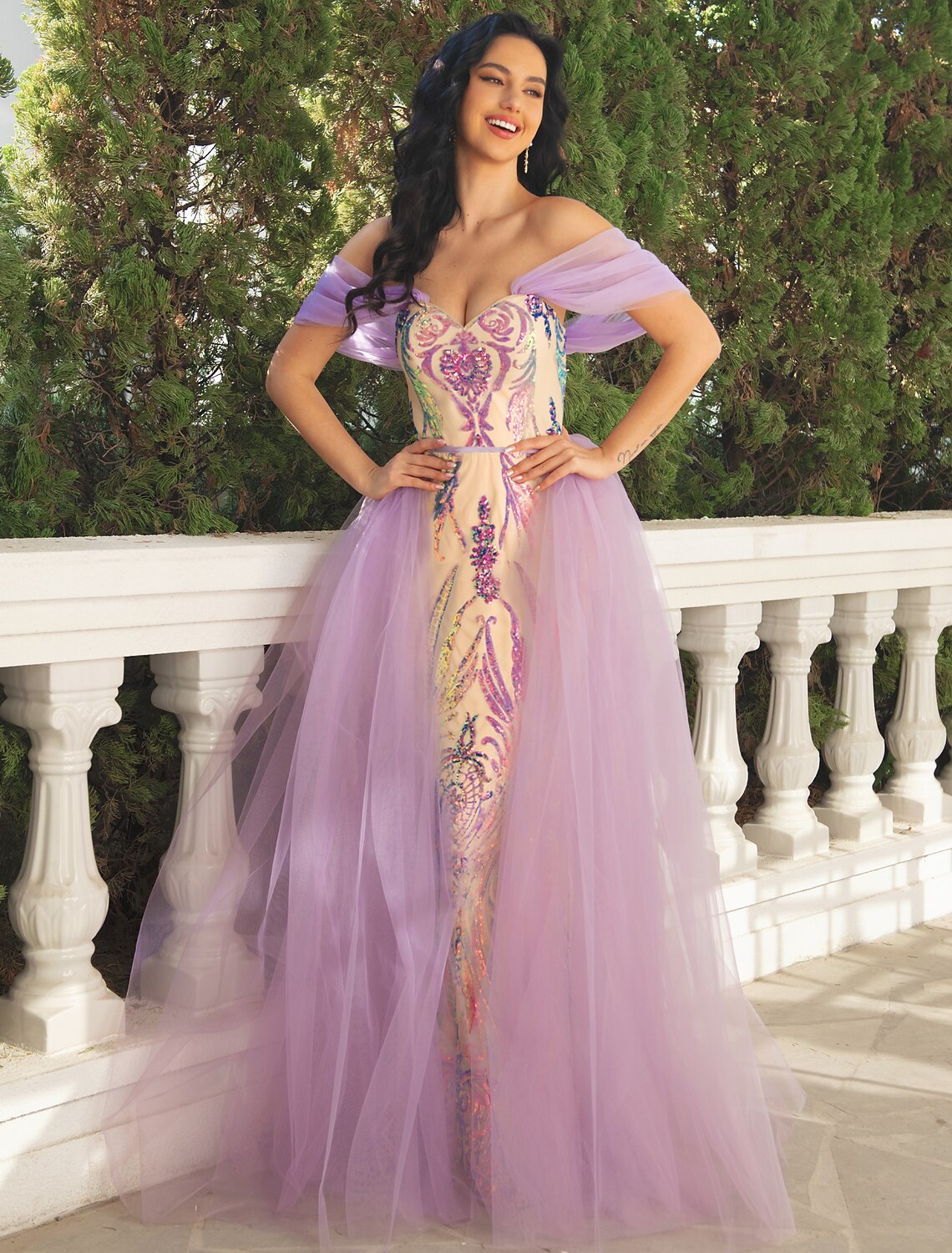 Lavender Sequin Tulle A-Line Sweetheart Floor-Length Dress with Sequin Embellished Bodice and Tulle Overskirt