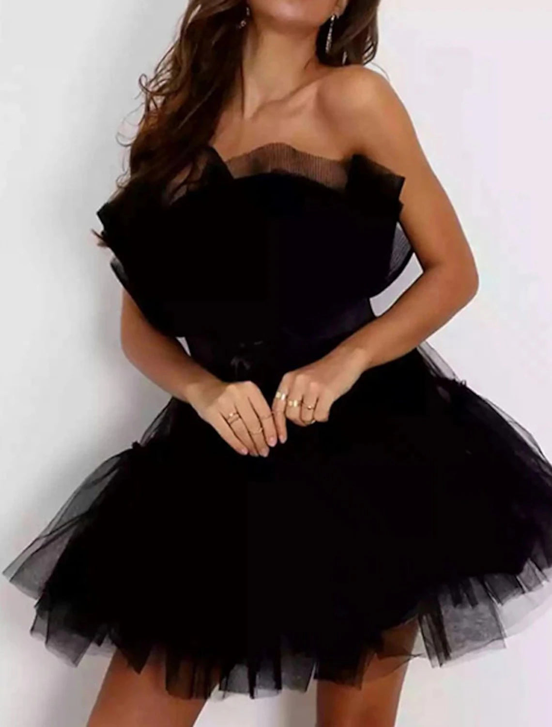 Women‘s Party Pink Sleeveless Pure Color Backless Layered Mesh Strapless Homecoming Dress