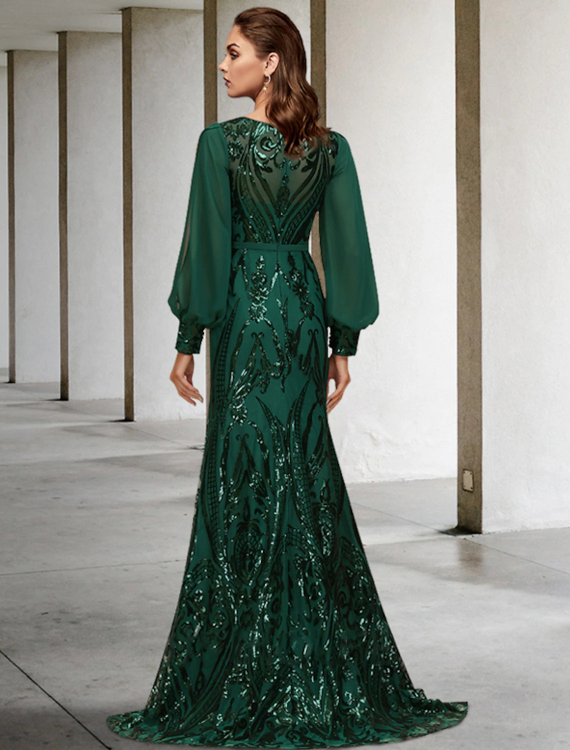 Emerald Sequin Floor-Length Evening Dress with Bishop Sleeves