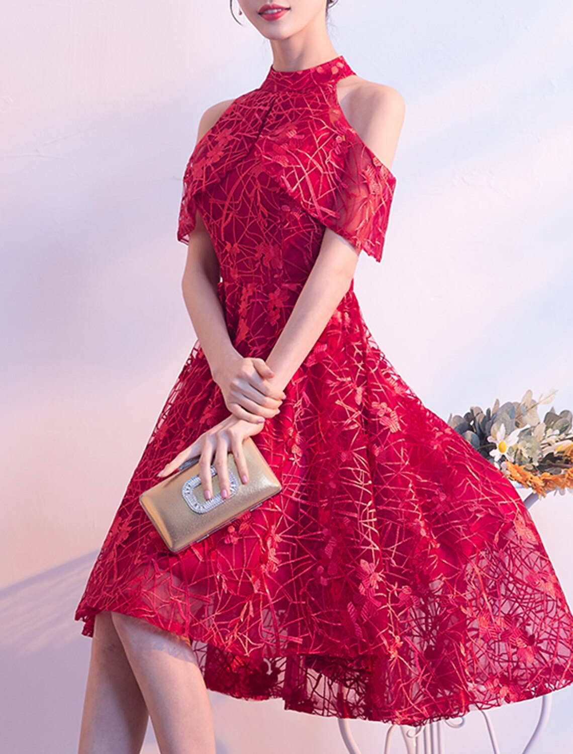 Vestidos de cóctel de corte A, elegantes, para invitados de boda, para fiesta, asimétricos, de manga corta, con cuello joya, de tul con pliegues, estampado/estampado