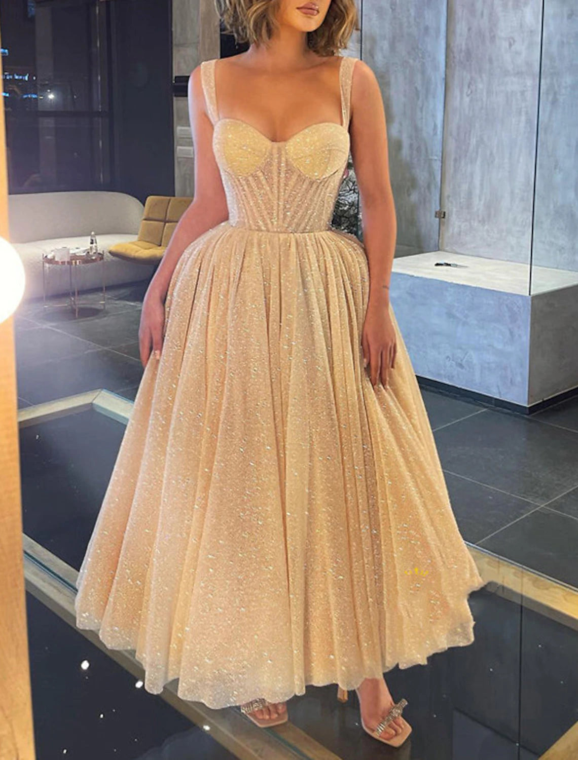 Vestido de fiesta de baile, vestido de corsé, vestido de fiesta de boda, cumpleaños, largo hasta el tobillo, sin mangas, tirantes finos, tul con lentejuelas brillantes