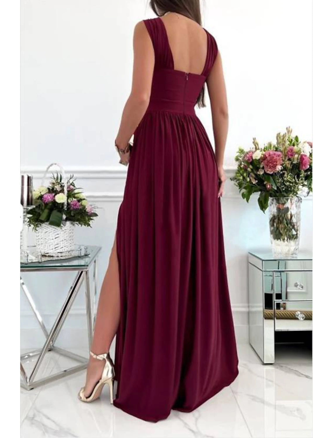 Burgundy Chiffon A-Line Halter neckline Floor-Length Bridesmaid Dress