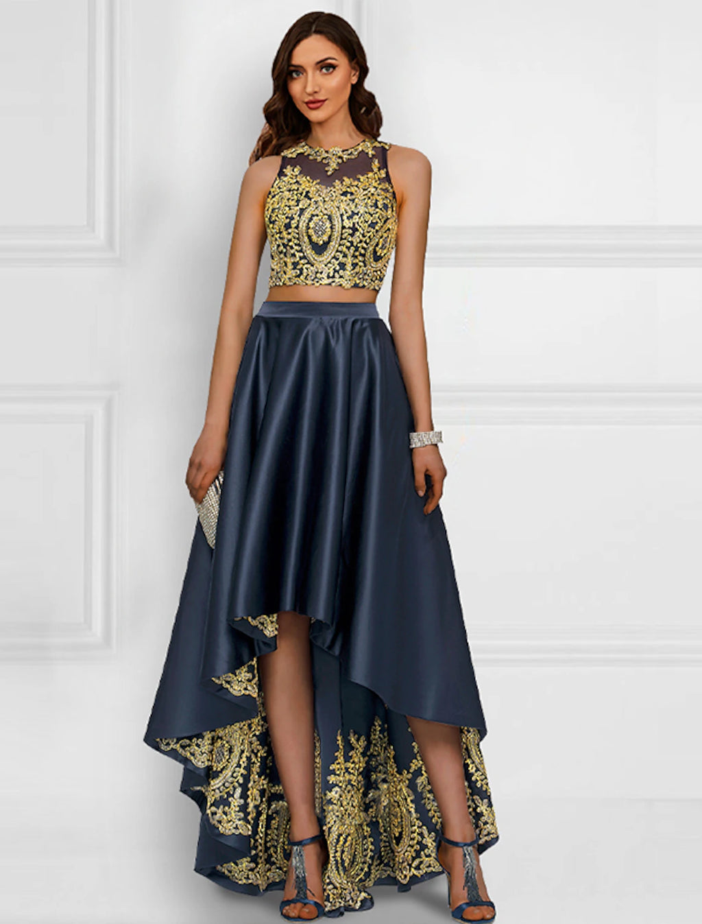 Dark Navy Satin A-Line High-Low Dress with Embroidered Crop Top