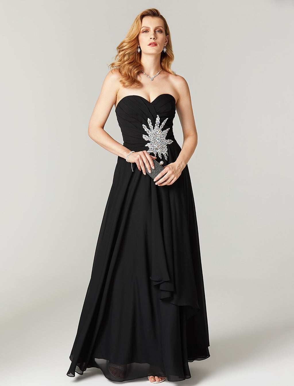 Abito a tubino/colonna minimalista per feste, cocktail party, senza maniche, in chiffon con scollo a cuore e pieghe incrociate, lunghezza al pavimento, cristalli