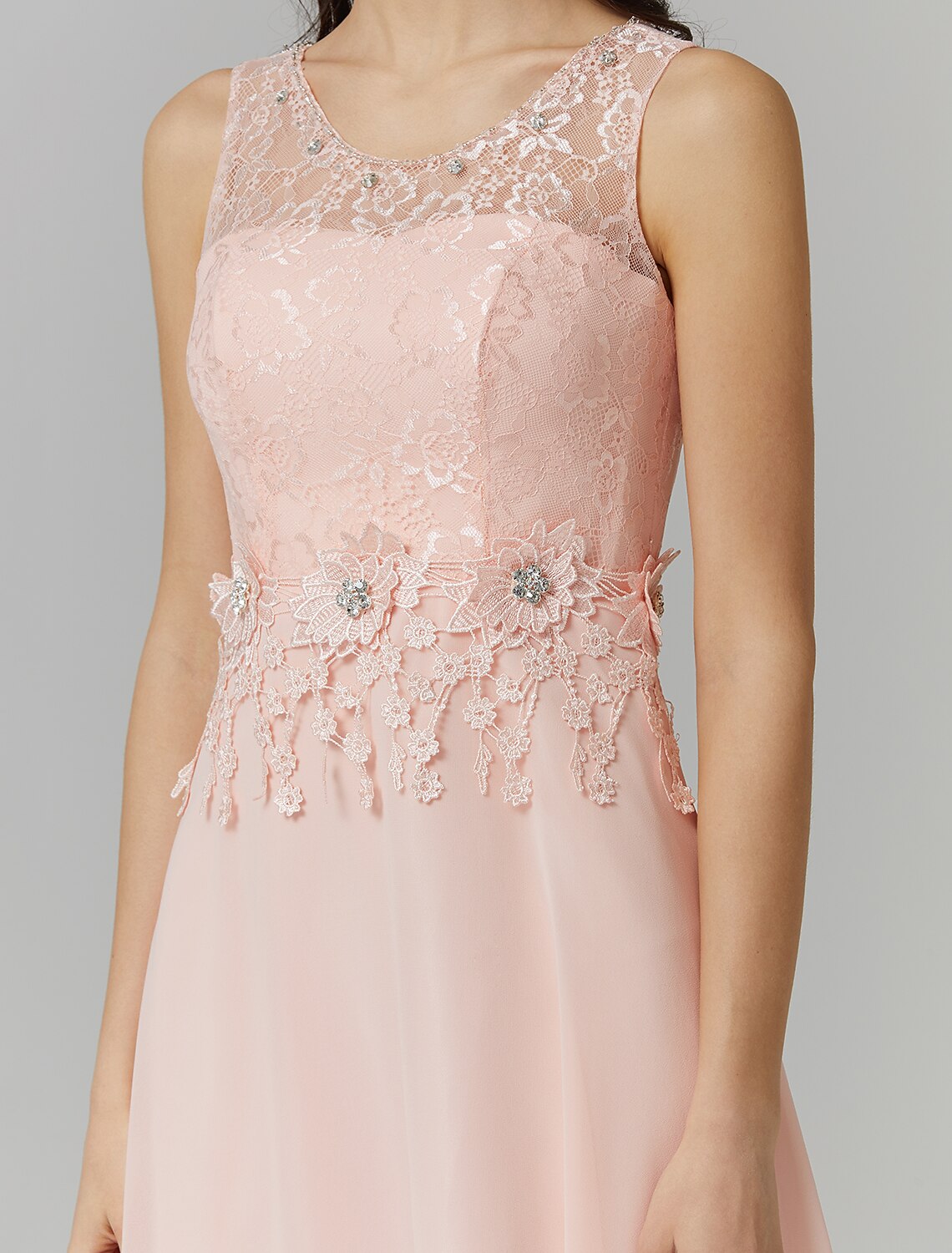 Blushing Pink Chiffon A-Line Floor-Length Dress with Lace bodice + Floral appliques and Scoop Neck | Jimiss