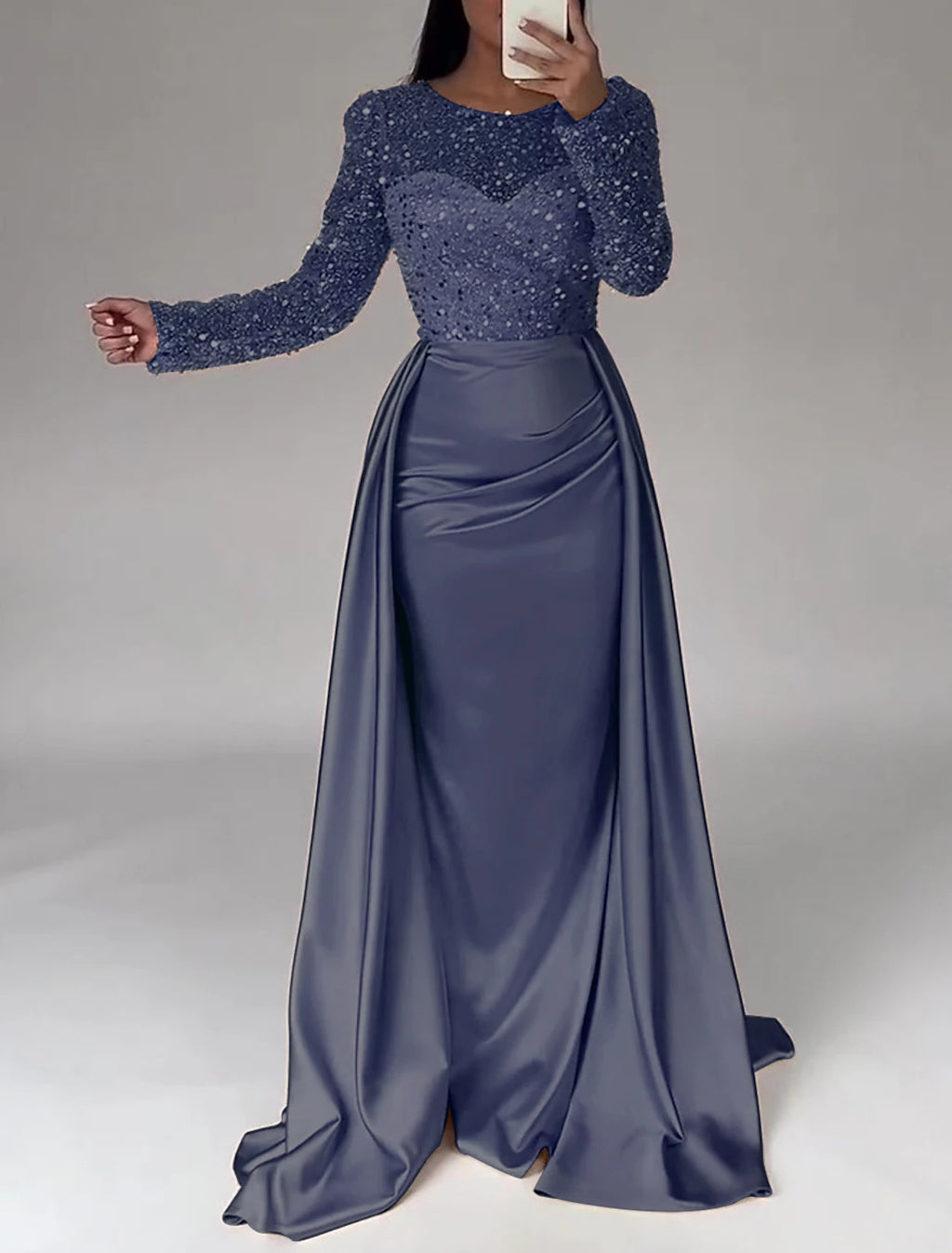 Ivory Satin Sheath/Column Gown with Illusion Sequin Sleeves