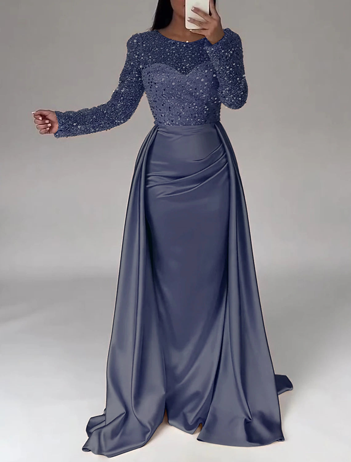 Ivory Satin Sheath/Column Gown with Illusion Sequin Sleeves
